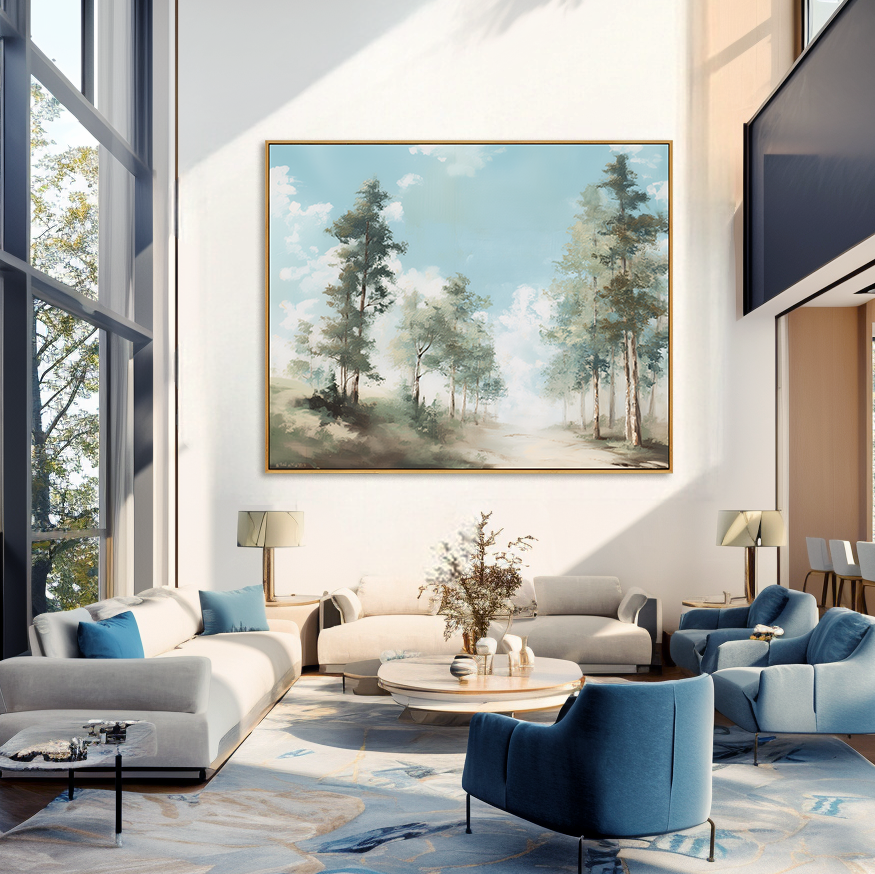 sunlit forest path landscape painting with tall trees and blue sky