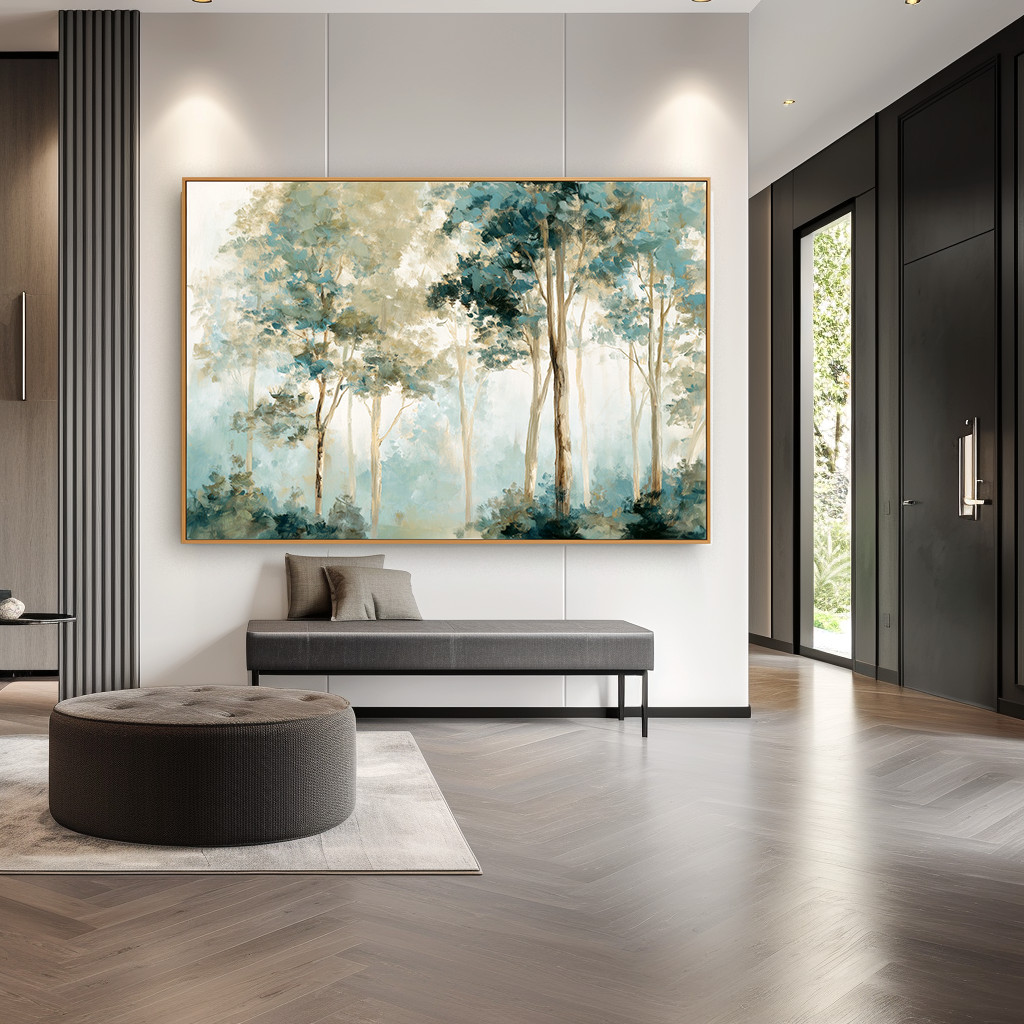 dreamy forest landscape painting with tall trees and soft mist