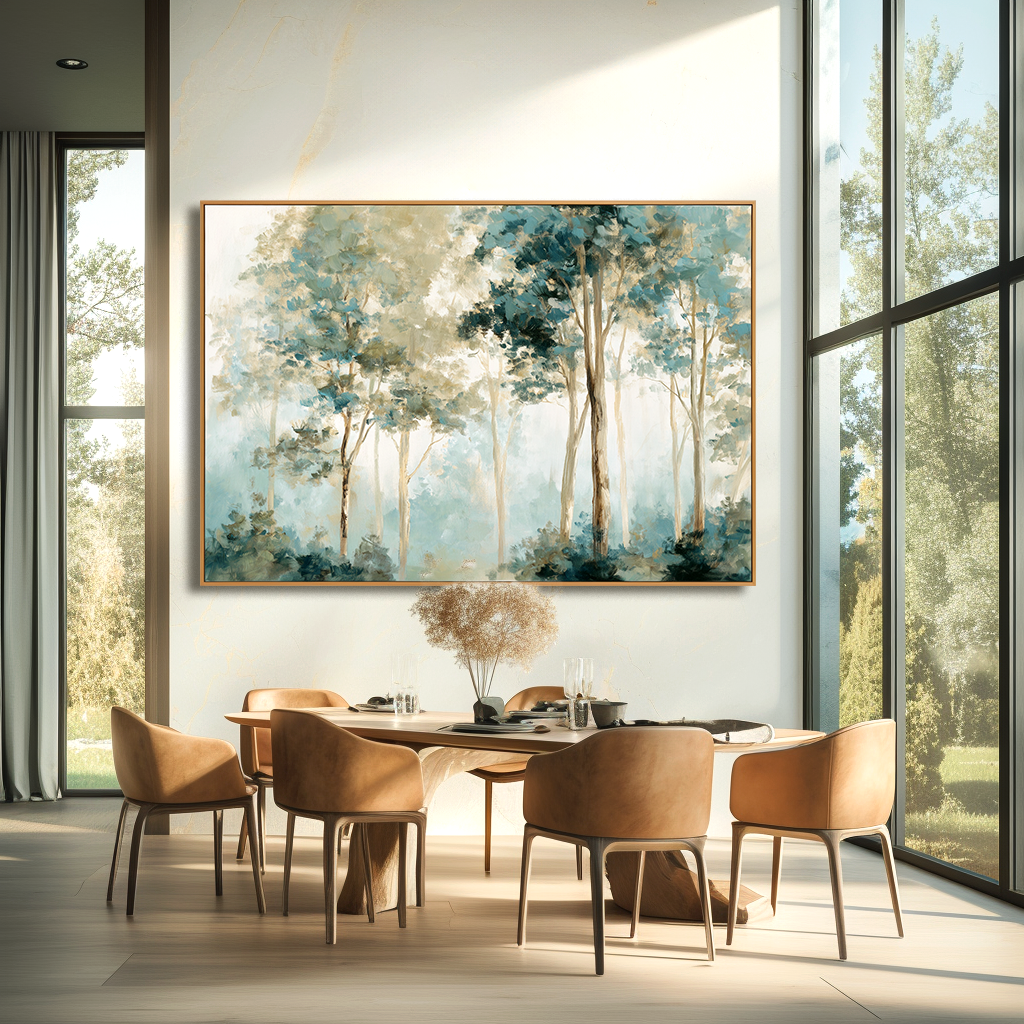 dreamy forest landscape painting with tall trees and soft mist
