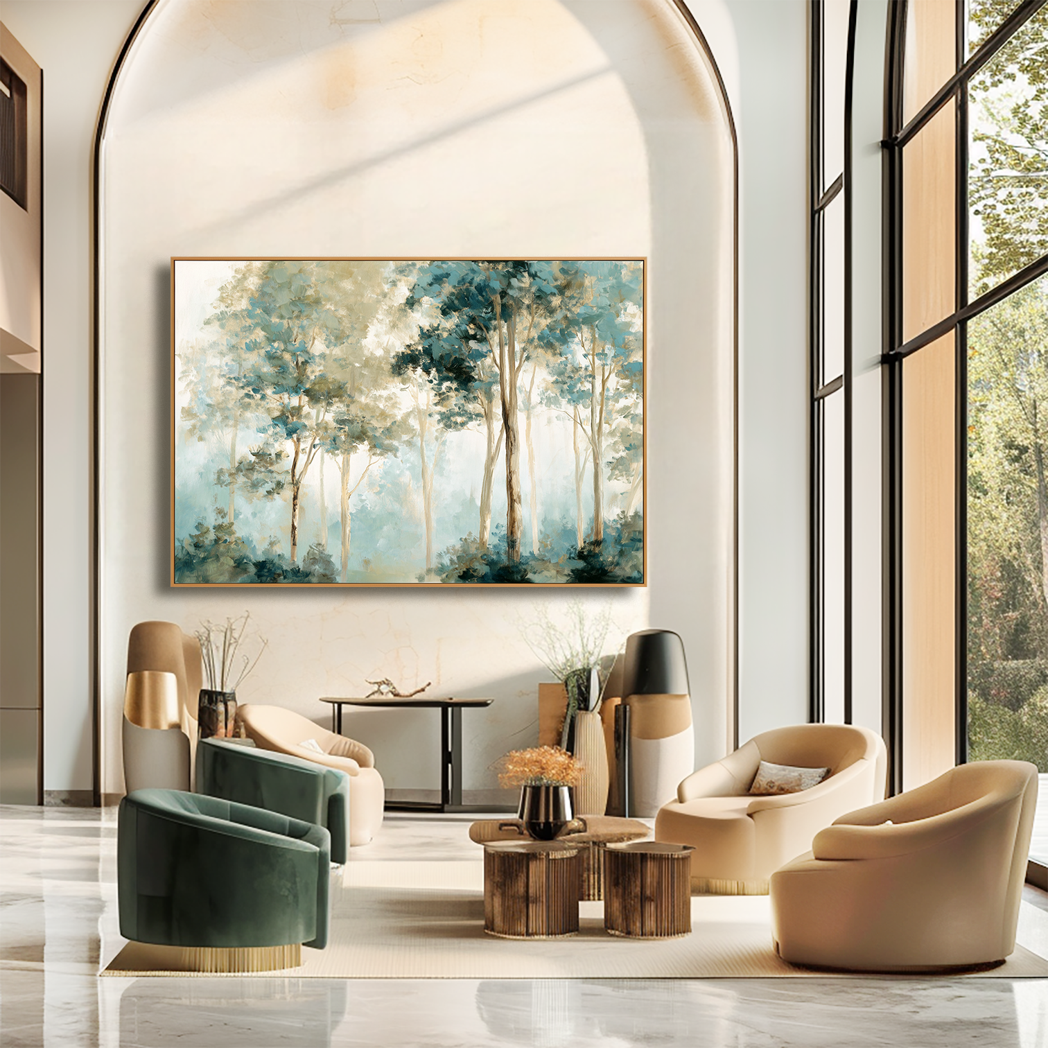 dreamy forest landscape painting with tall trees and soft mist