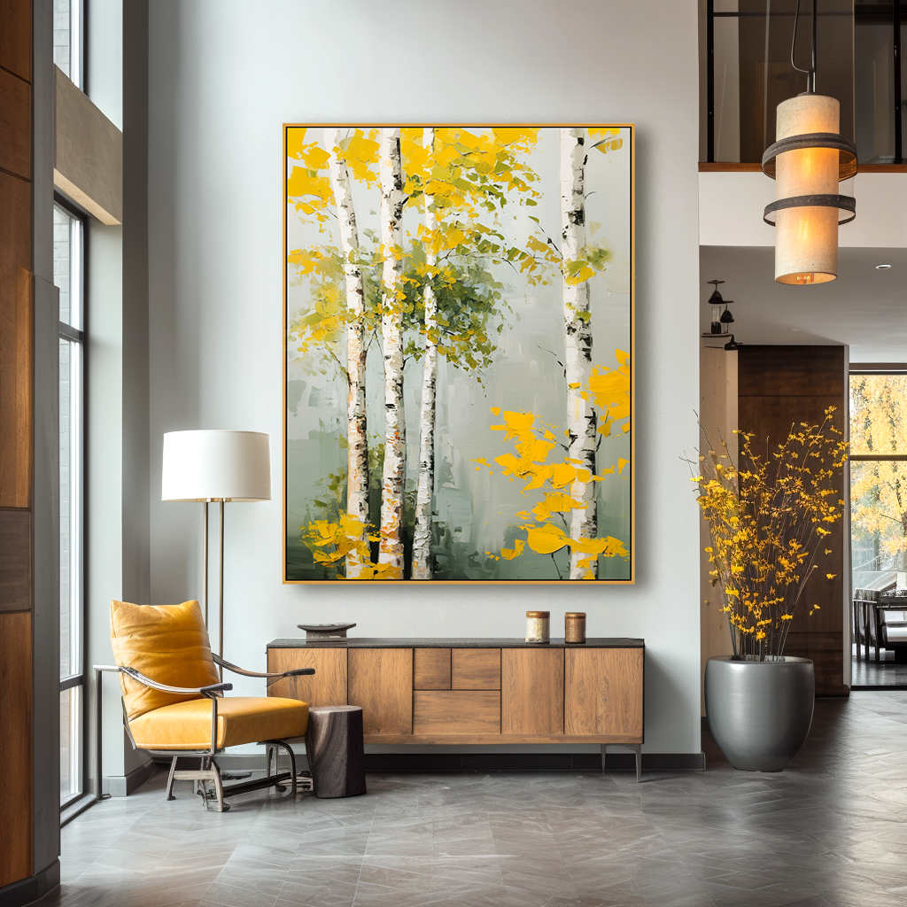 abstract birch tree painting with golden yellow leaves and white trunks