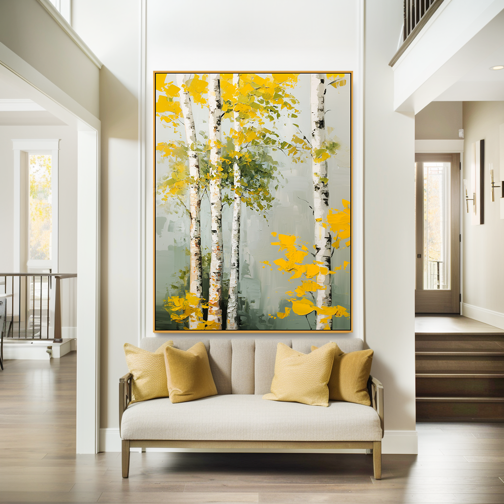 abstract birch tree painting with golden yellow leaves and white trunks
