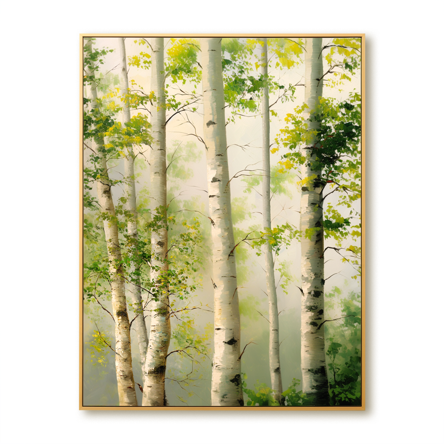 bright birch forest painting with white trunks and fresh green leaves in mist