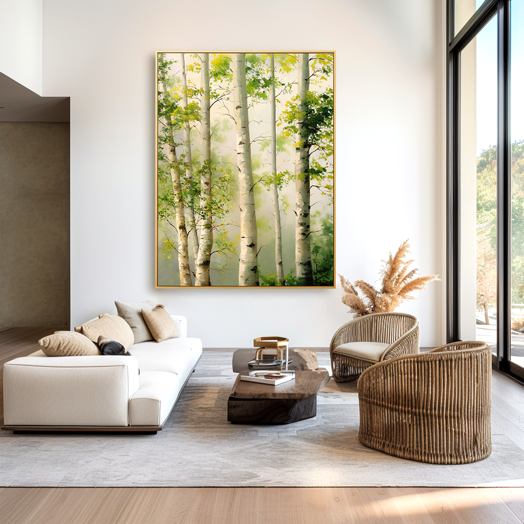 bright birch forest painting with white trunks and fresh green leaves in mist