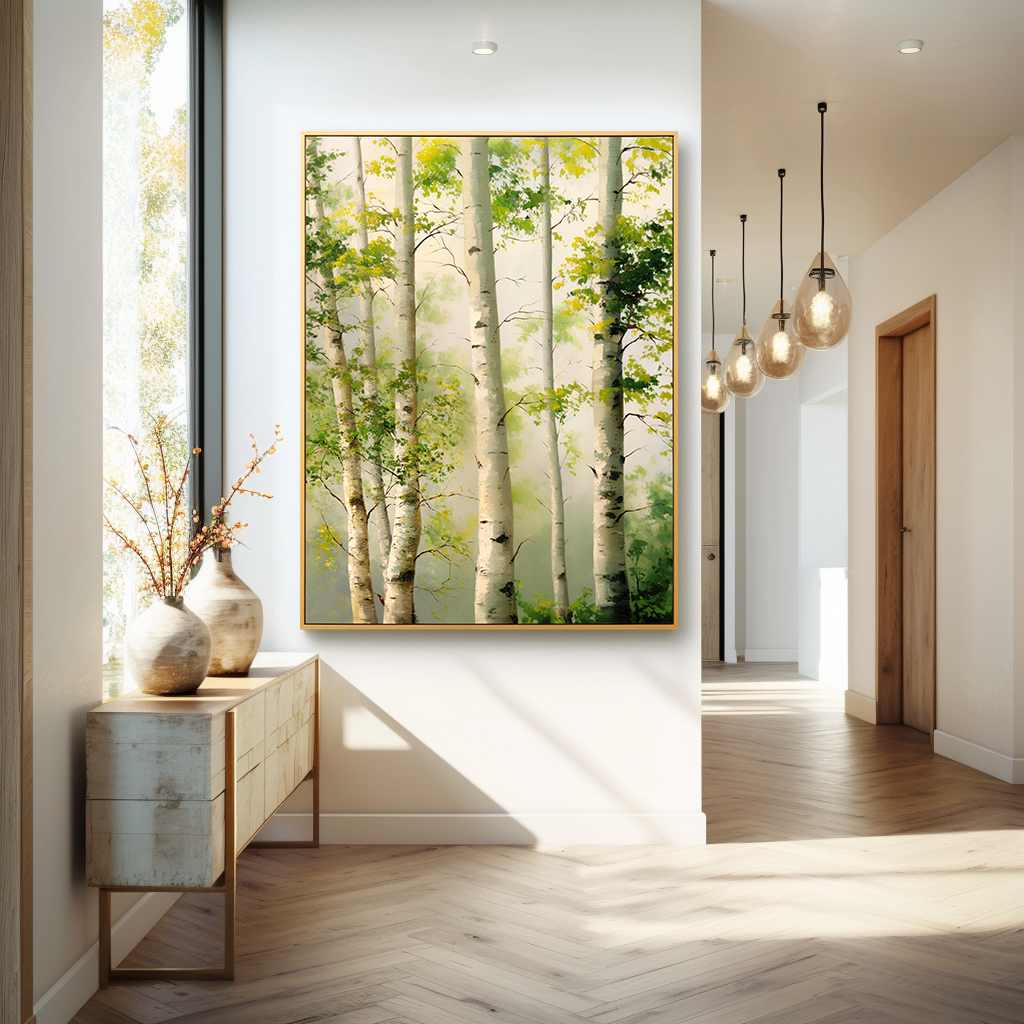 bright birch forest painting with white trunks and fresh green leaves in mist