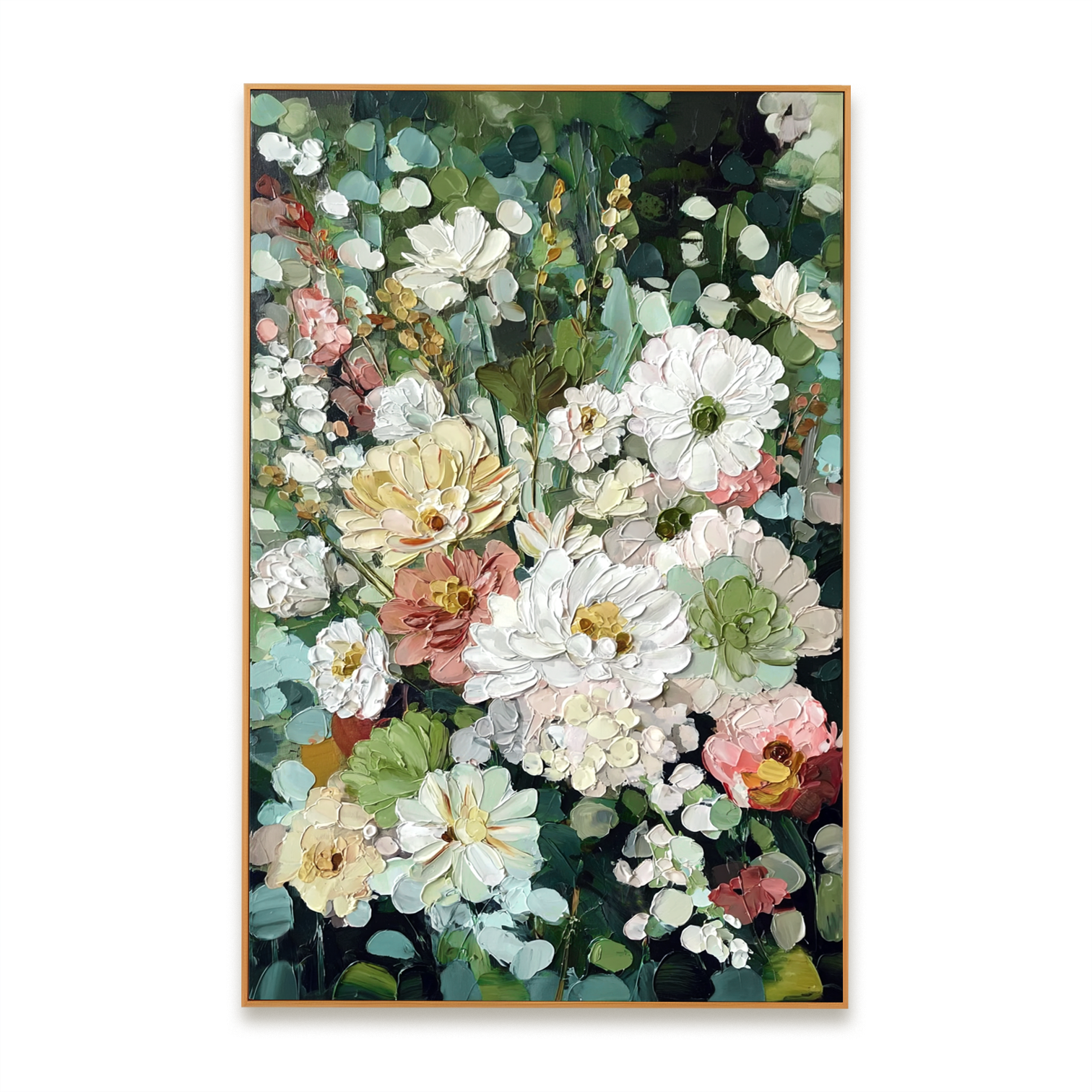 textured floral painting with blooming flowers in white pink and yellow tones