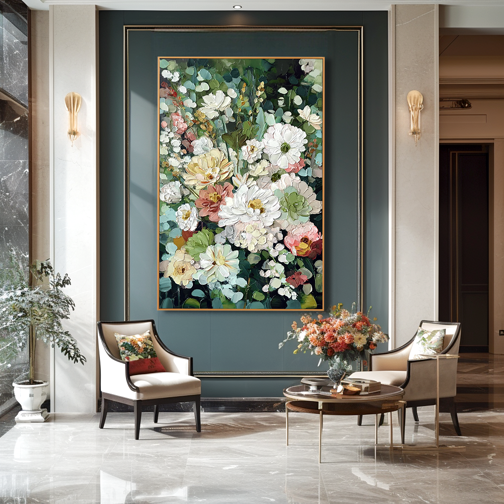 textured floral painting with blooming flowers in white pink and yellow tones