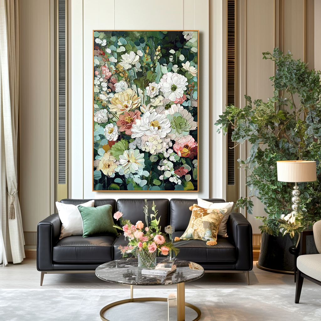 textured floral painting with blooming flowers in white pink and yellow tones