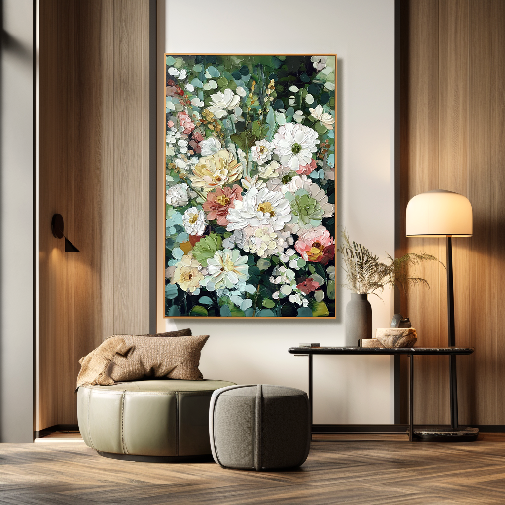 textured floral painting with blooming flowers in white pink and yellow tones