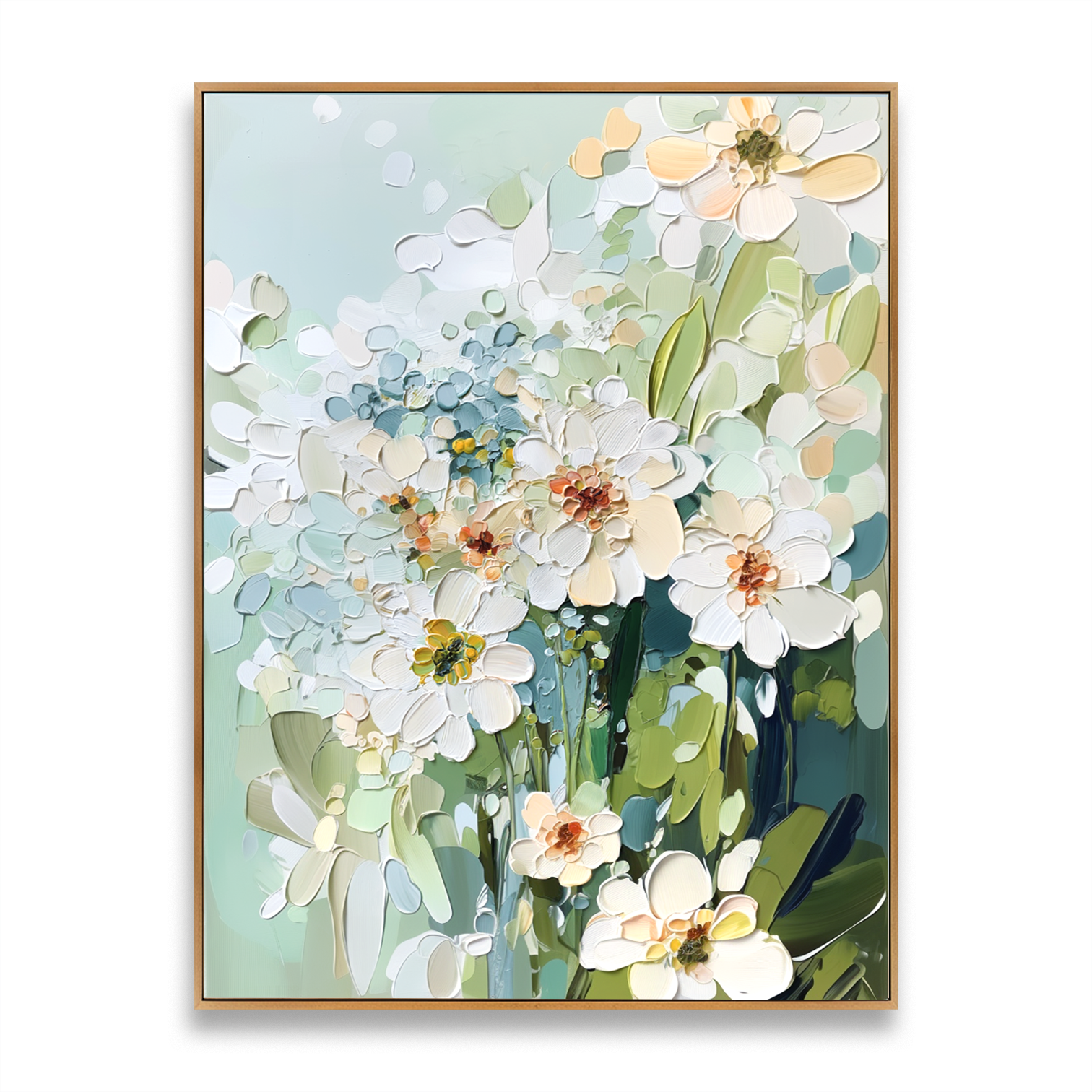 textured white floral painting with soft pastel colors and green leaves
