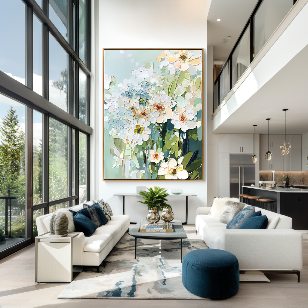 textured white floral painting with soft pastel colors and green leaves