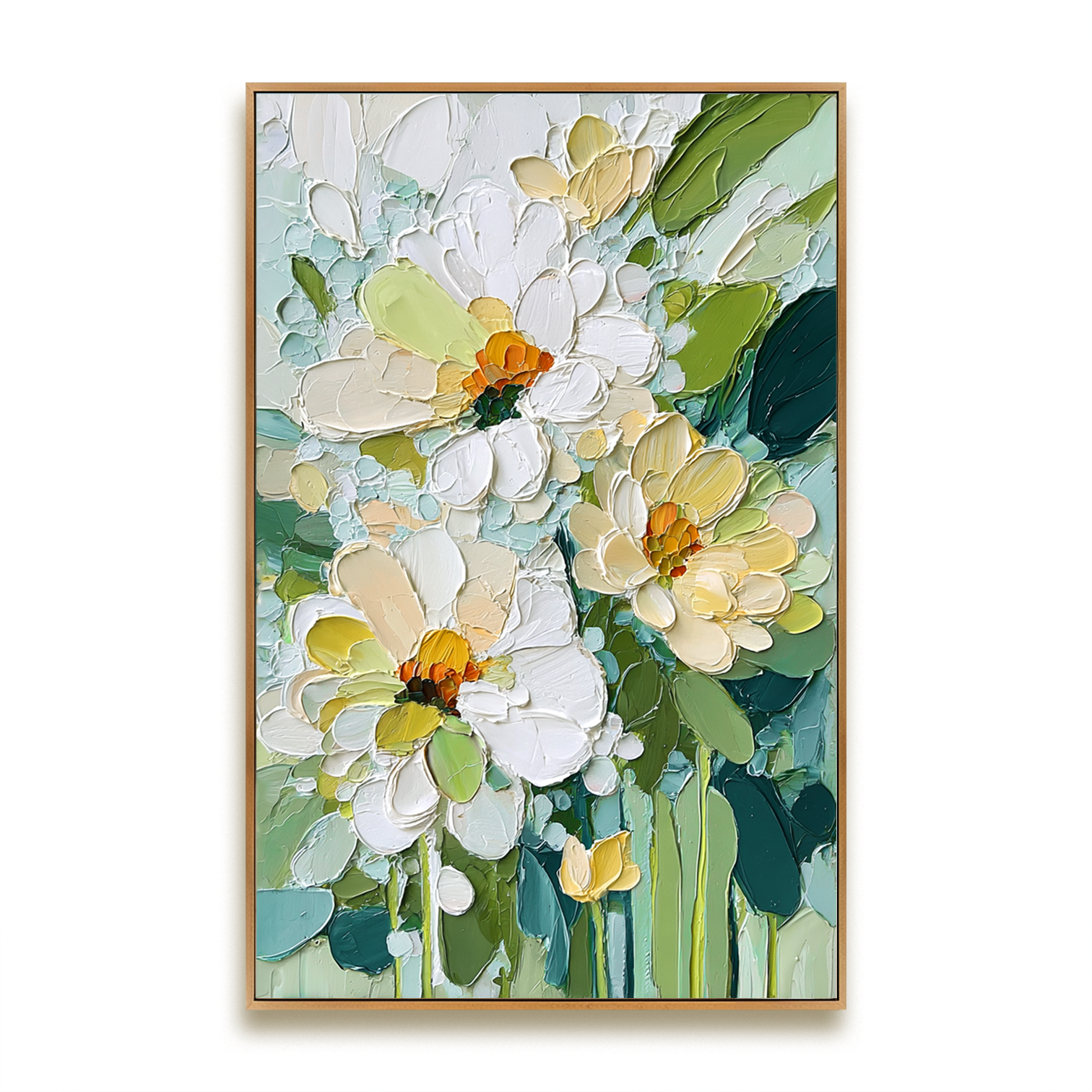 textured daisy floral painting with white and yellow petals and green leaves