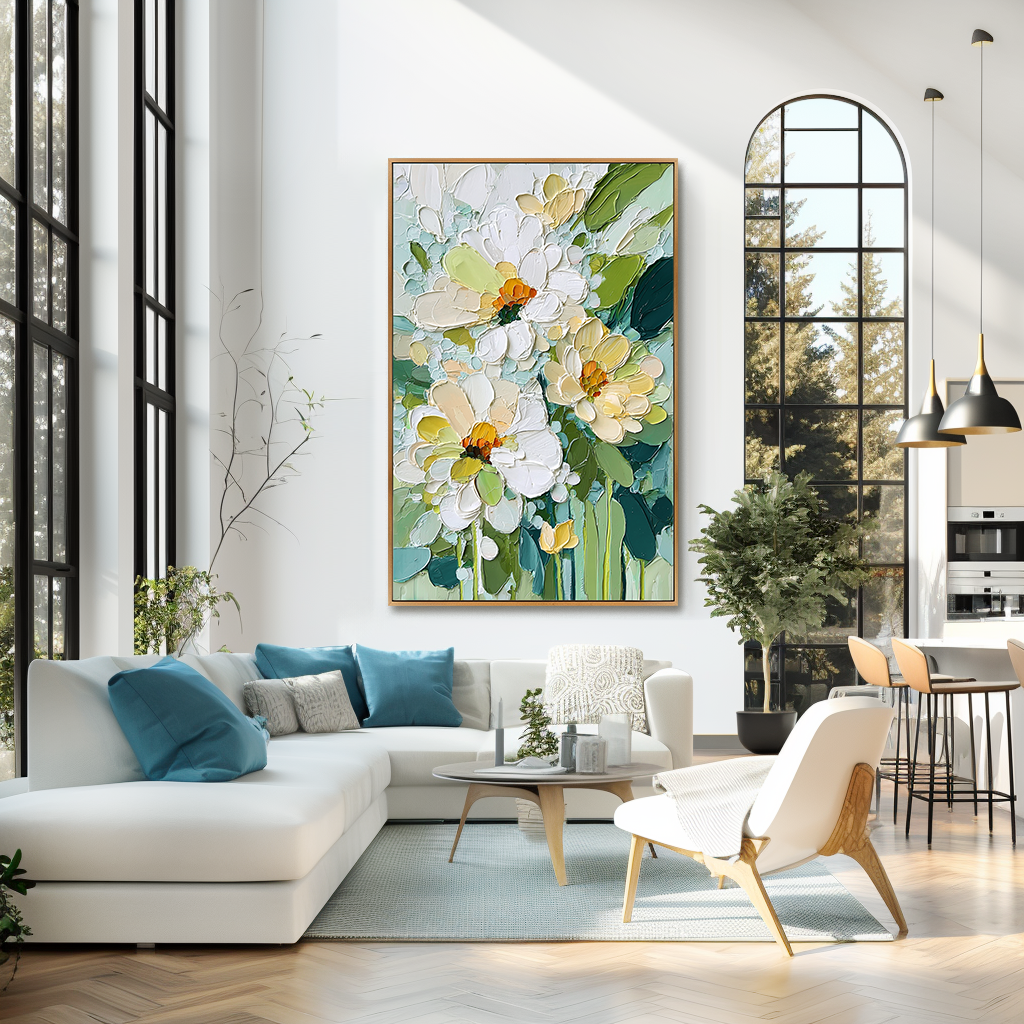 textured daisy floral painting with white and yellow petals and green leaves