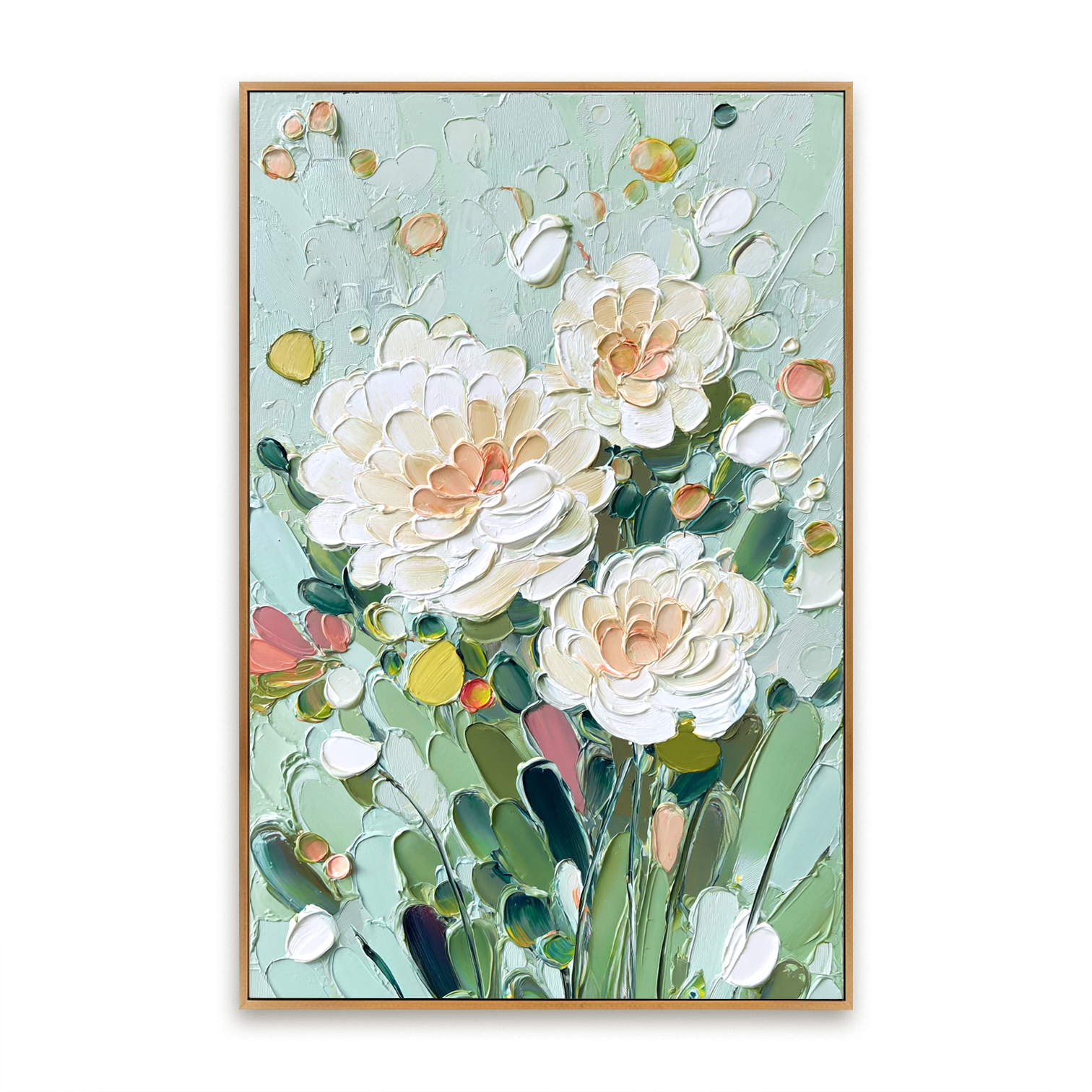 textured pastel floral painting with soft layered petals and green leaves