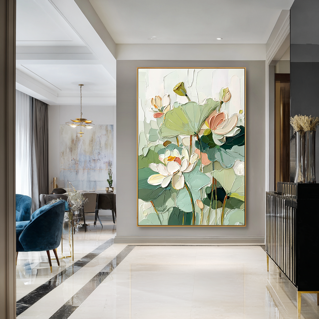 textured lotus flower painting with soft petals and layered green leaves