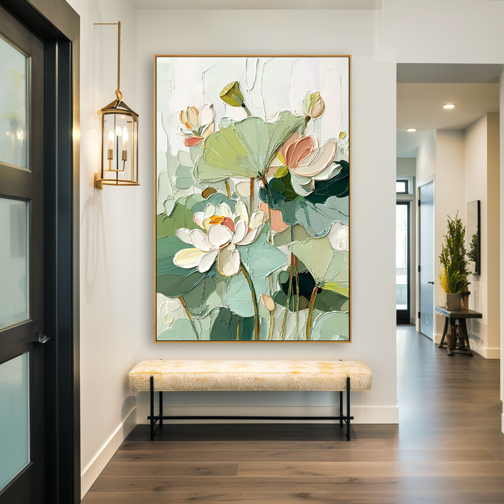 textured lotus flower painting with soft petals and layered green leaves