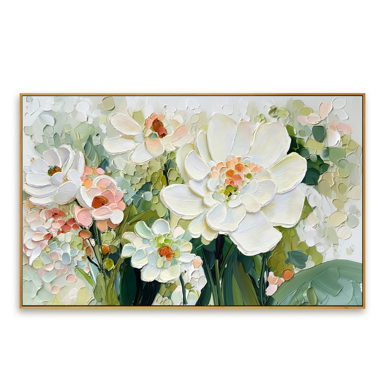 textured white floral painting with soft petals and green leaves