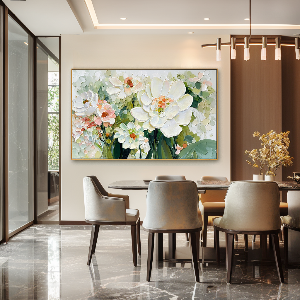 textured white floral painting with soft petals and green leaves