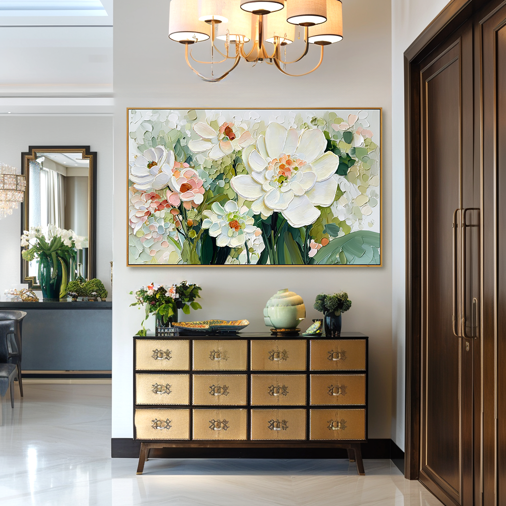 textured white floral painting with soft petals and green leaves