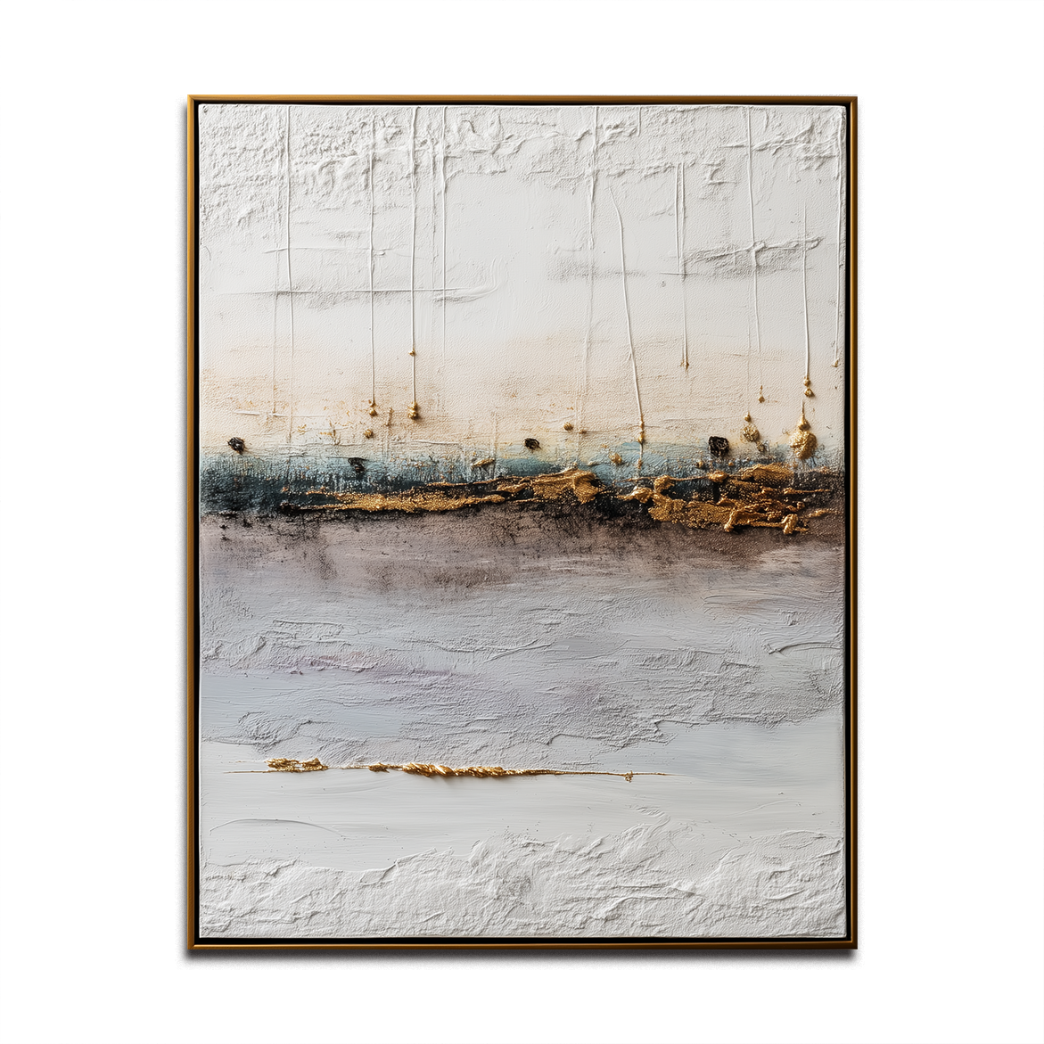 Abstract oil painting with gold accents, neutral tones, and textured strokes, modern minimalist art