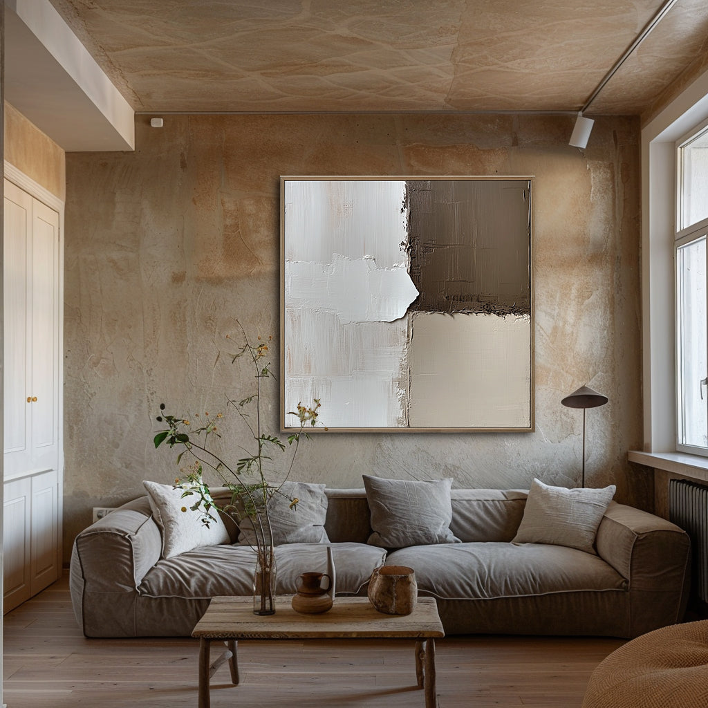 Minimalist abstract painting in earth tones and white, featuring textured blocks with impasto brushstrokes in geometric composition.