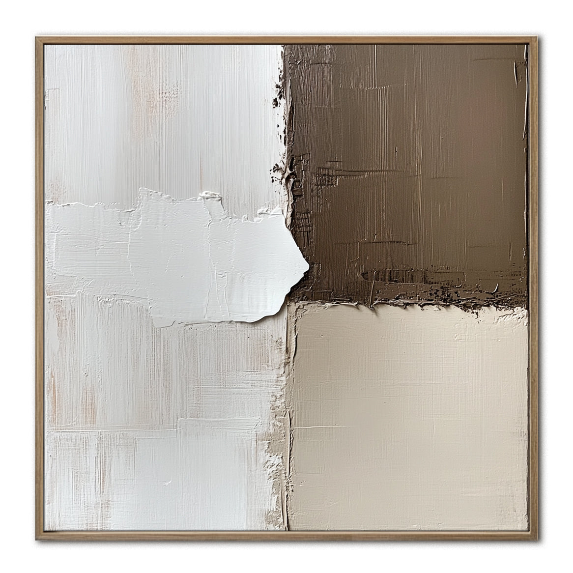 Minimalist abstract painting in earth tones and white, featuring textured blocks with impasto brushstrokes in geometric composition.