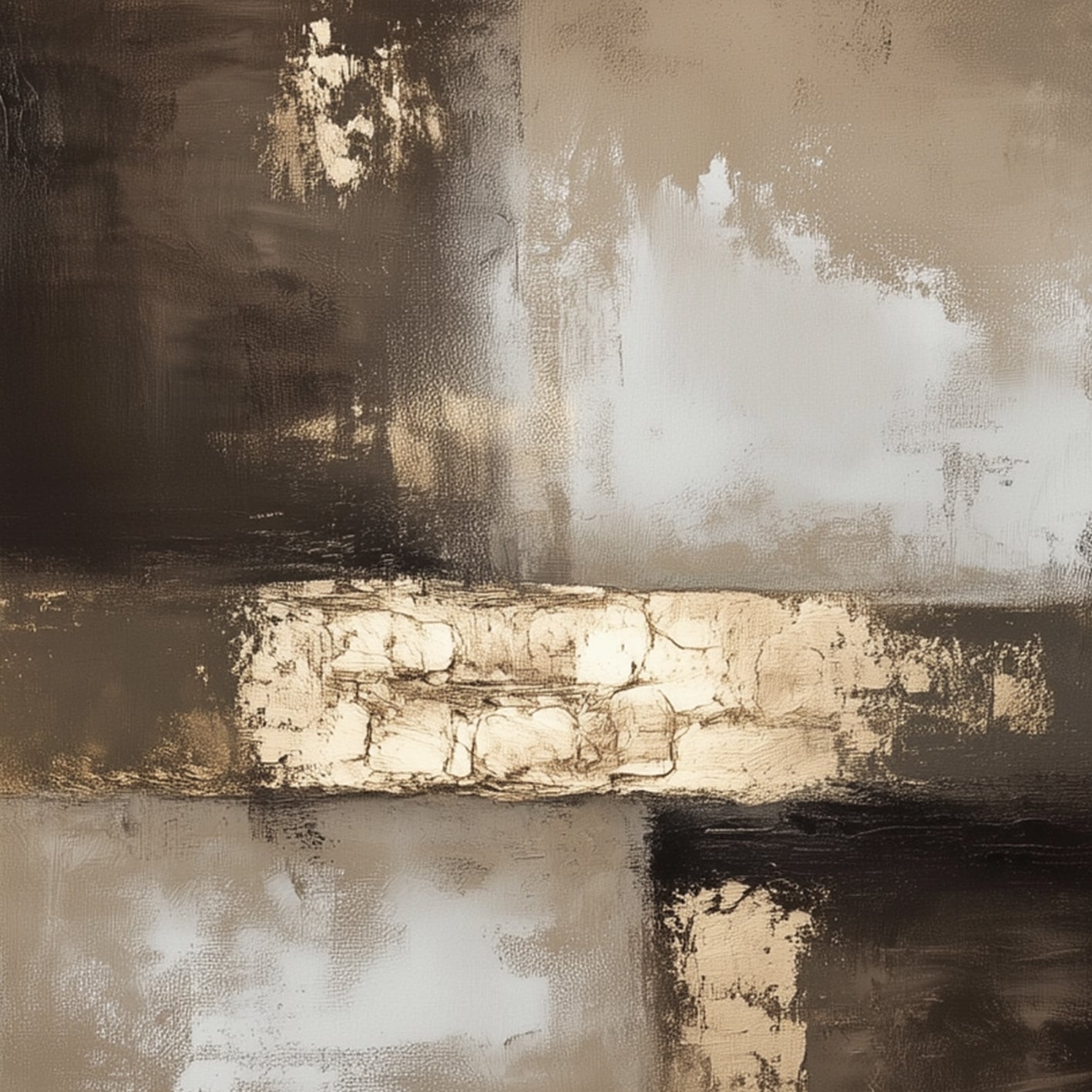 Abstract textured painting in gold and brown tones with thick impasto brushstrokes and a metallic accent block in a modern geometric composition.