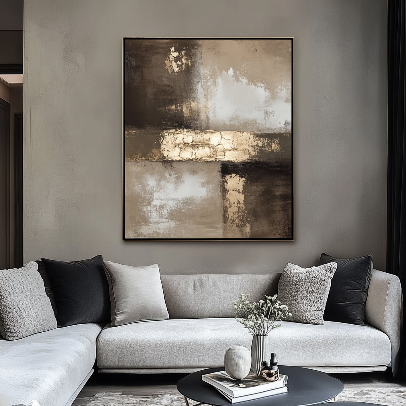 Abstract textured painting in gold and brown tones with thick impasto brushstrokes and a metallic accent block in a modern geometric composition.