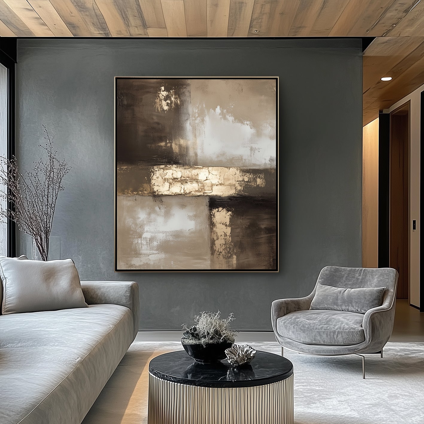 Abstract textured painting in gold and brown tones with thick impasto brushstrokes and a metallic accent block in a modern geometric composition.
