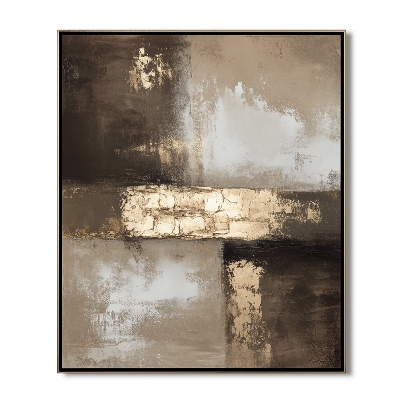 Abstract textured painting in gold and brown tones with thick impasto brushstrokes and a metallic accent block in a modern geometric composition.