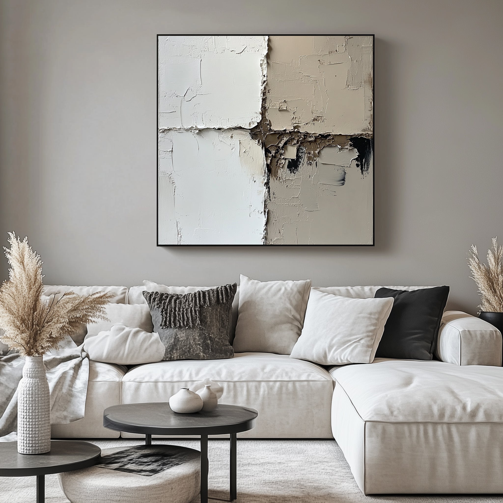 Minimalist impasto abstract art in white, beige, and dark tones, featuring cracked textures and a modern geometric design.