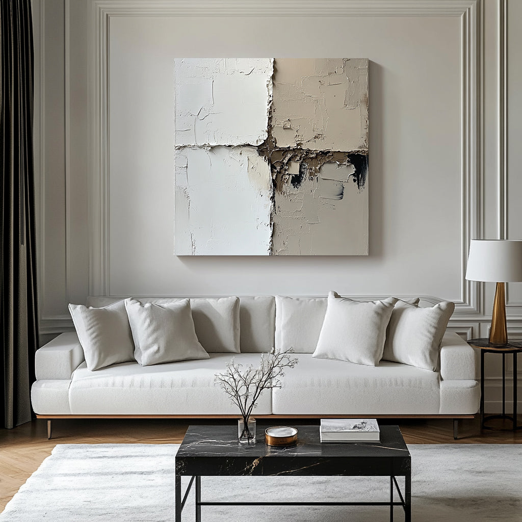 Minimalist impasto abstract art in white, beige, and dark tones, featuring cracked textures and a modern geometric design.