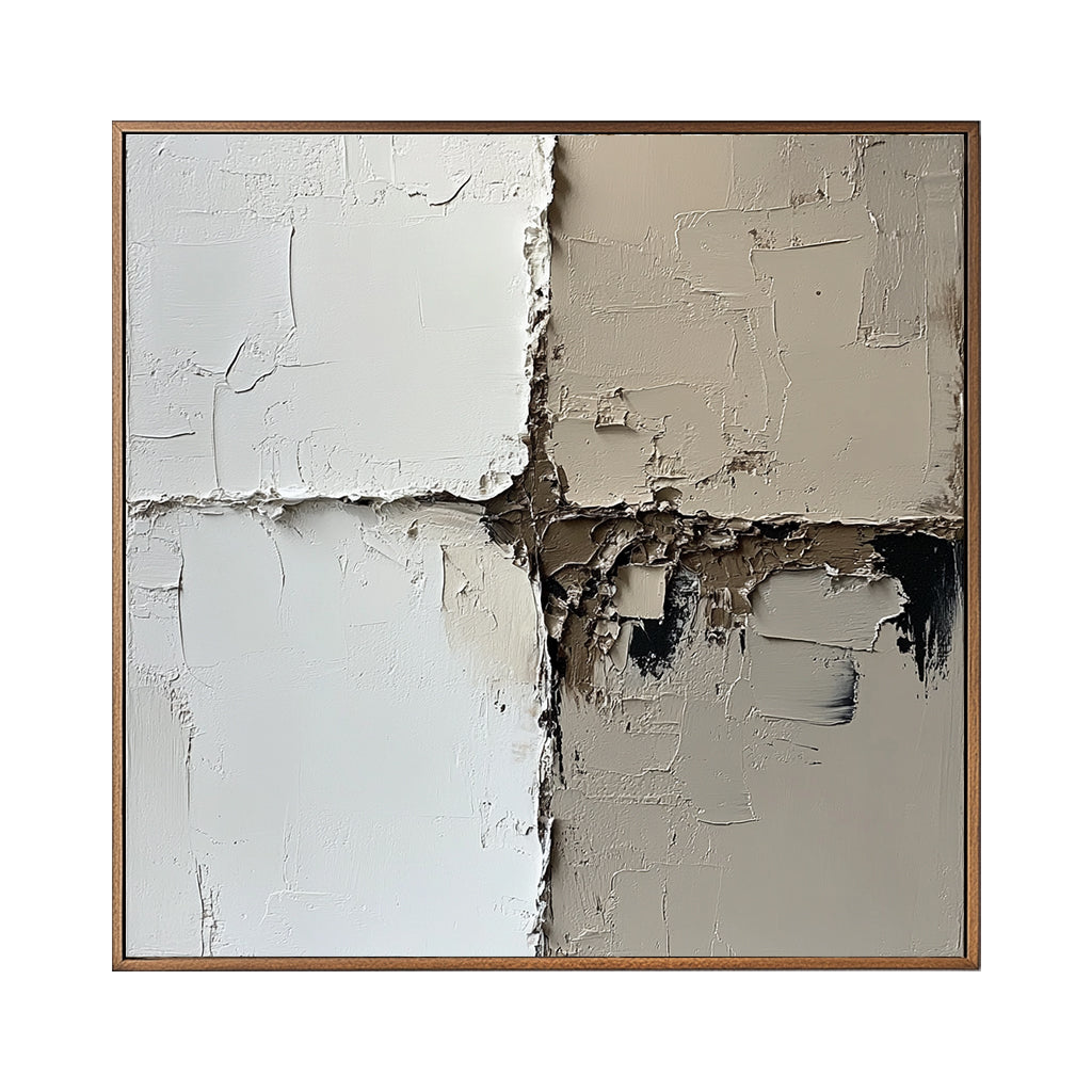 Minimalist impasto abstract art in white, beige, and dark tones, featuring cracked textures and a modern geometric design.
