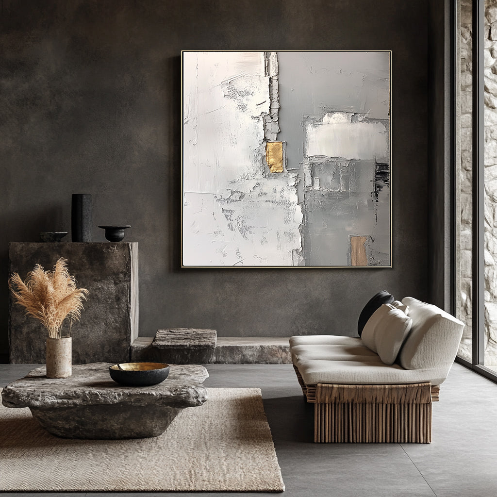 Abstract impasto art with textured gray and white surfaces, highlighted with metallic gold and beige accents, creating a modern and luxurious design.