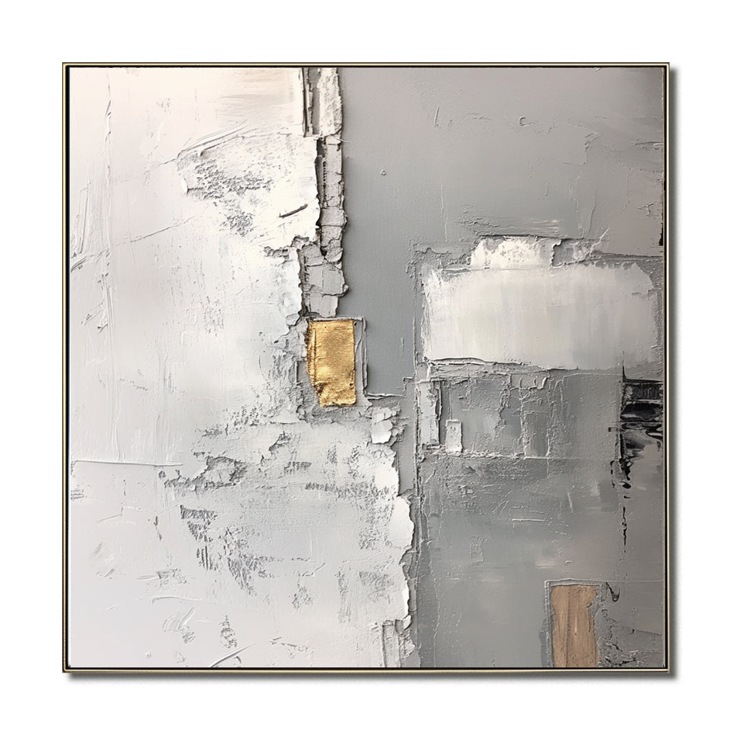 Abstract impasto art with textured gray and white surfaces, highlighted with metallic gold and beige accents, creating a modern and luxurious design.