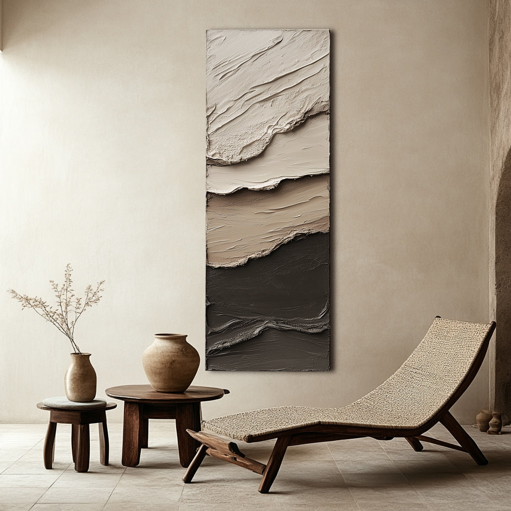 Minimalist textured abstract wall art in earthy neutral tones inspired by nature and Wabi-Sabi style.