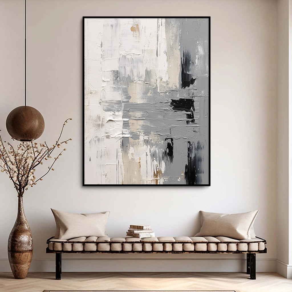 Minimalist textured abstract painting with layered brushstrokes in neutral tones, perfect for modern home decor.