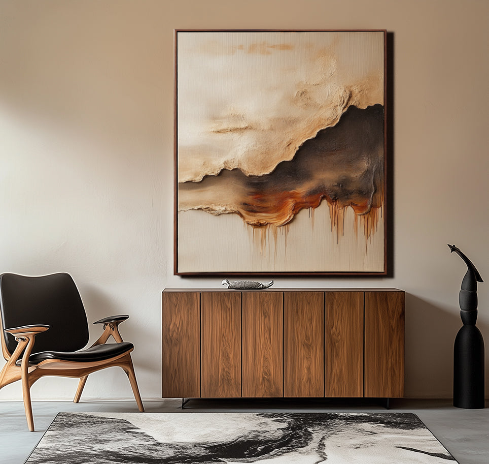 Abstract textured landscape painting in earthy tones with fluid shapes and drips
