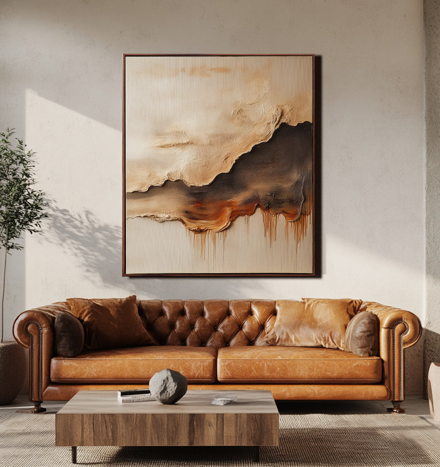 Abstract textured landscape painting in earthy tones with fluid shapes and drips