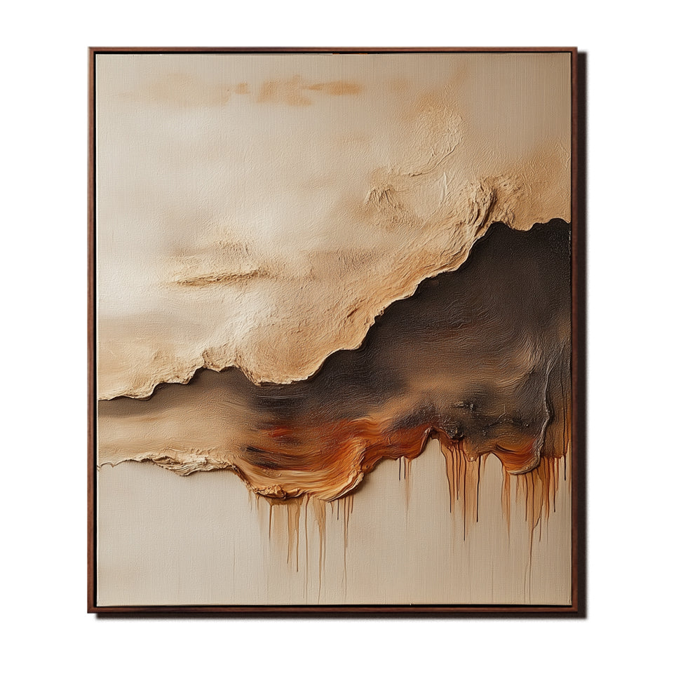 Abstract textured landscape painting in earthy tones with fluid shapes and drips