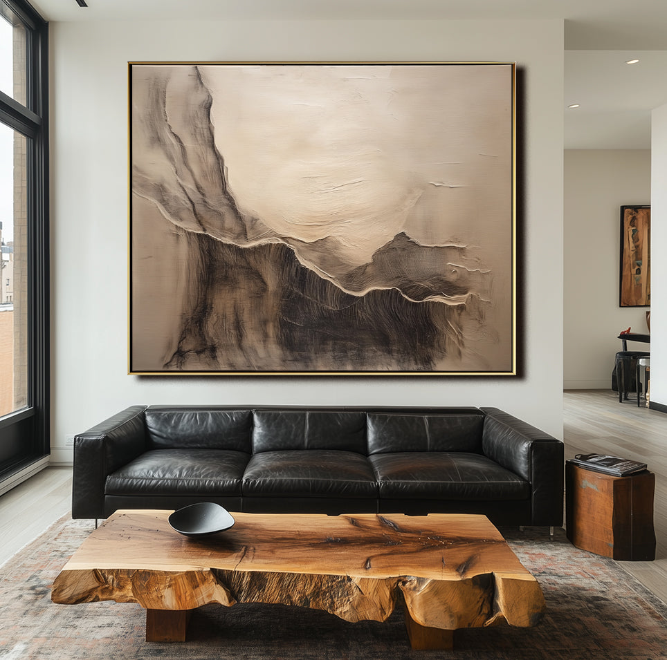 Neutral textured landscape abstract painting with soft earth tones and flowing ridge-like shapes.