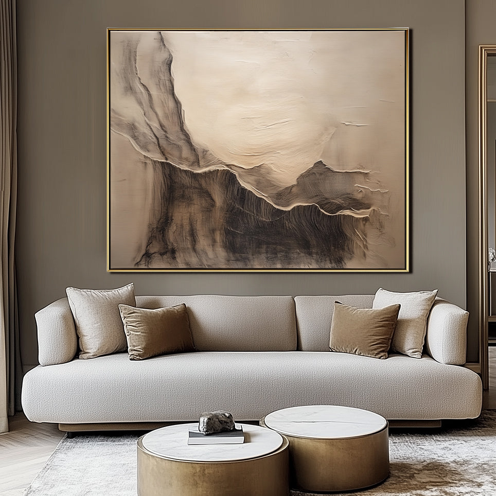 Neutral textured landscape abstract painting with soft earth tones and flowing ridge-like shapes.
