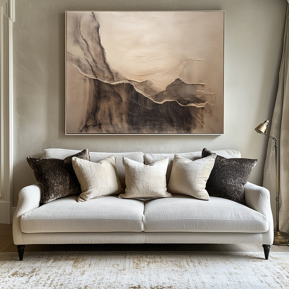 Neutral textured landscape abstract painting with soft earth tones and flowing ridge-like shapes.
