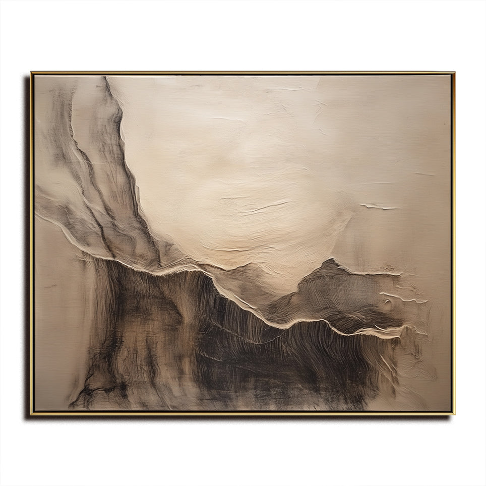 Neutral textured landscape abstract painting with soft earth tones and flowing ridge-like shapes.