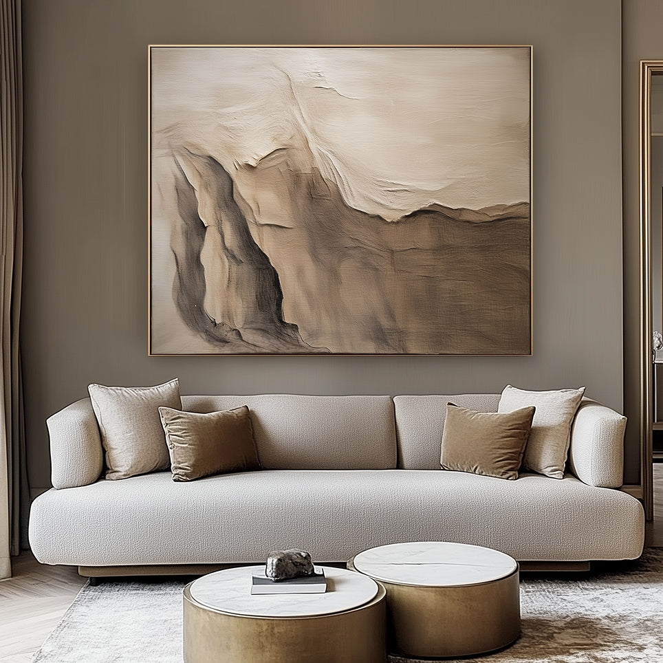 Horizontal textured abstract art in soft earth tones inspired by canyon cliffs and natural rock layers.