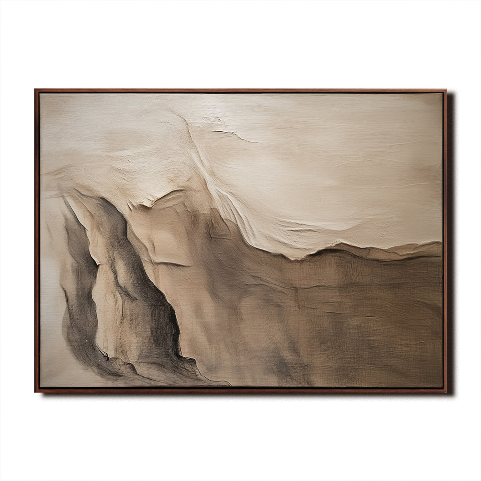Horizontal textured abstract art in soft earth tones inspired by canyon cliffs and natural rock layers.