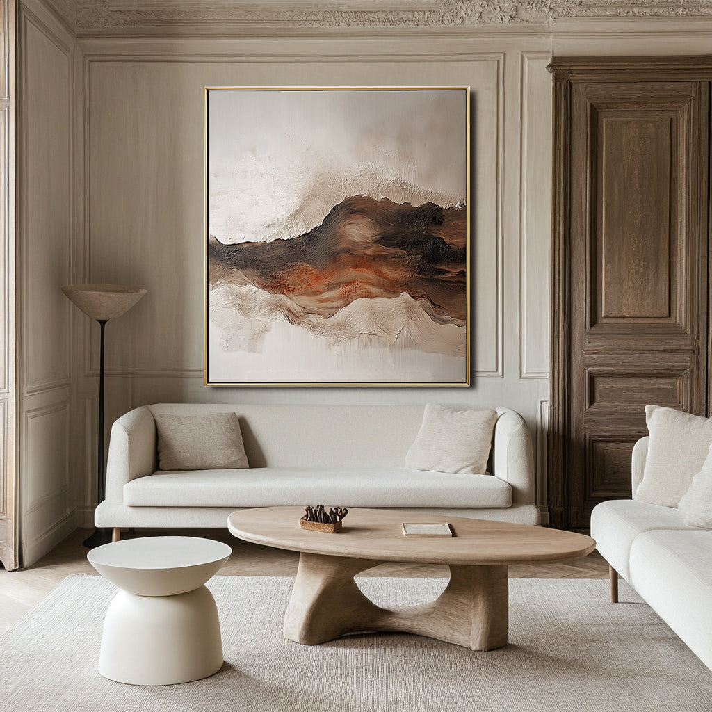 Warm earth-toned textured abstract artwork with canyon-like forms and ember-inspired colors.