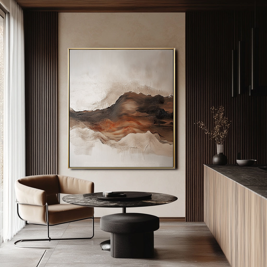 Warm earth-toned textured abstract artwork with canyon-like forms and ember-inspired colors.