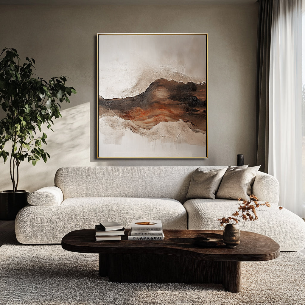 Warm earth-toned textured abstract artwork with canyon-like forms and ember-inspired colors.