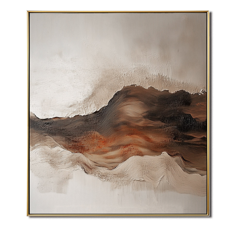 Warm earth-toned textured abstract artwork with canyon-like forms and ember-inspired colors.